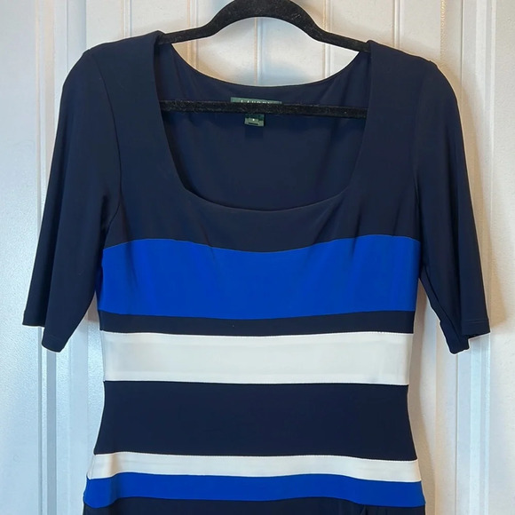 Lauren Ralph Lauren Black Dress w/Navy &‎ Bright Blue w/White Stripes. Size 8. - Picture 5 of 10